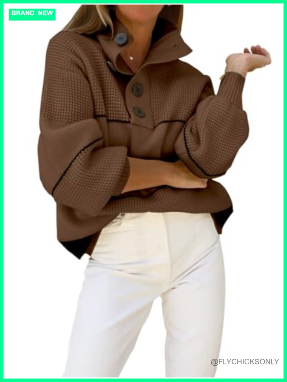 Slouchy Waffle Knit Button Polo Collared Pullover Striped Sweater Tops